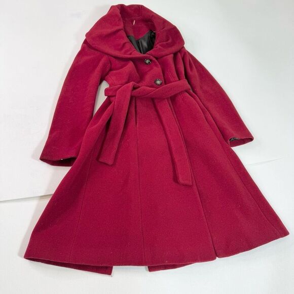 Calvin Klein Trench Coat Womens 6 Red Wool Blend Wrap Belted Longline - Picture 1 of 9